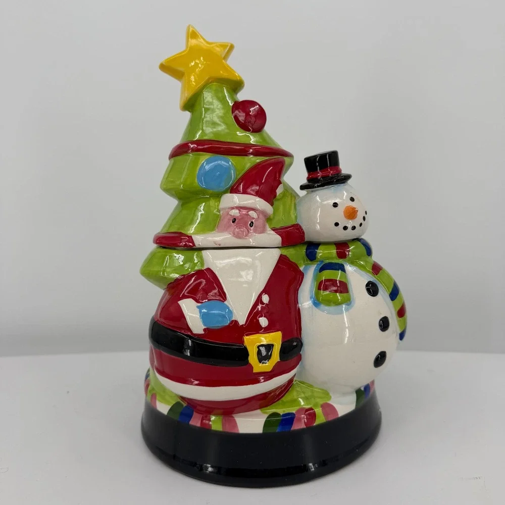 Christmas Cookie Jar Santa Snowman Christmas Tree Ceramic Holiday Decor 10.75in